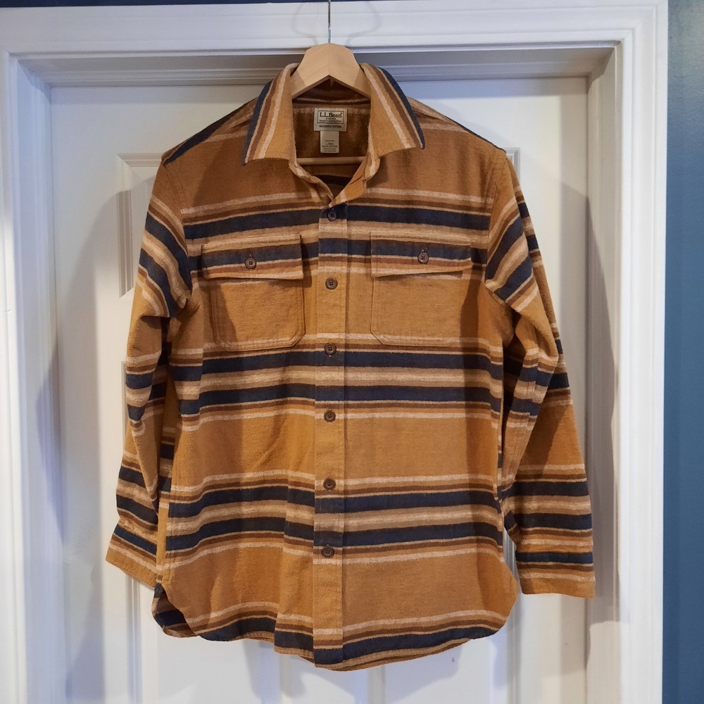 L.L.Bean Men's Large Tan and Blue Chamois Flannel Southwest Shacket Overshirt
