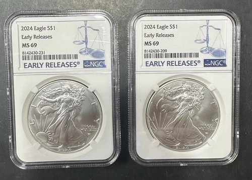 Lot of (2) One Oz. 2024 $1 U.S. Silver Eagle Coins Early Releases NGC MS 69 #L1D