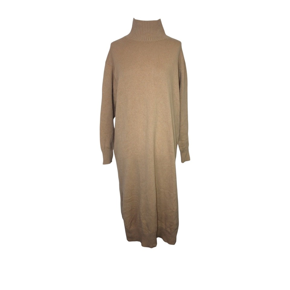 Uniqlo 70% Wool Knit Midi Dress Size S Solid Brown High Neck Side Slits
