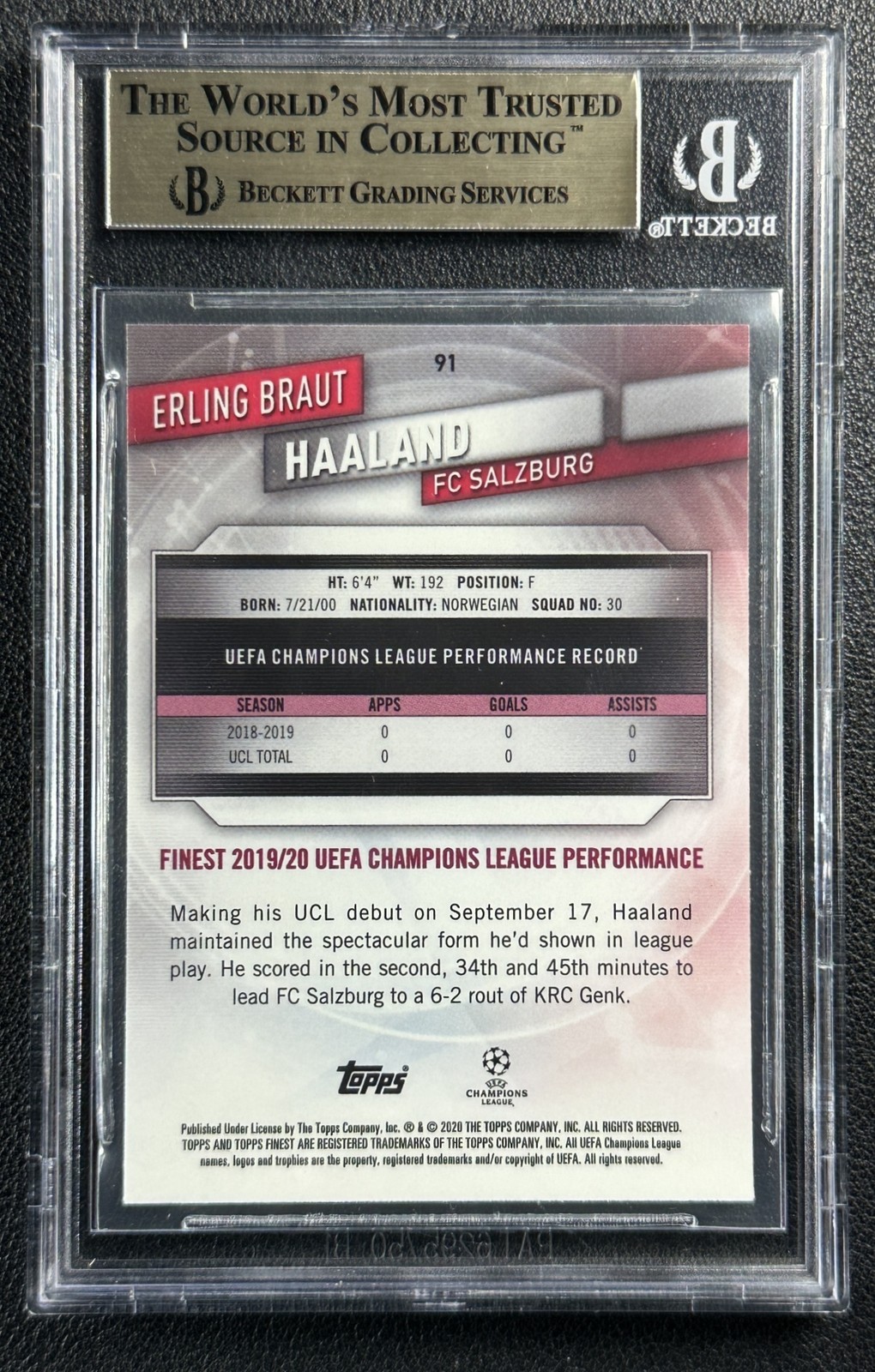 ERLING BRAUT HAALAND BGS 9.5 2019 TOPPS FINEST UCL #91 ROOKIE SALZBURG RC 4679 view 2