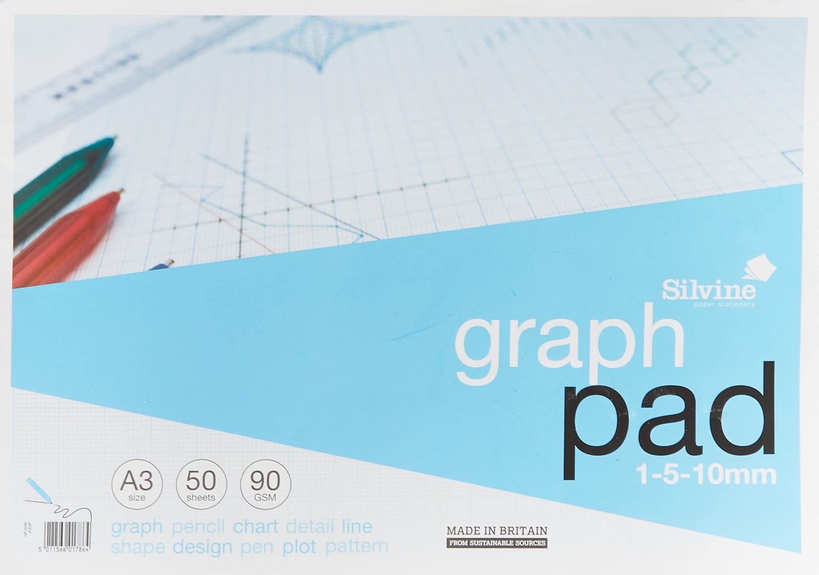 Silvine A3 Graph Pad. 50 Sheets of Quality 90gsm Paper, Printed A3, Blue