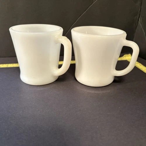 Early Fire King Milk Glass D-Handle Mugs Lot of 2 Shield Mark Vintage USA Oven