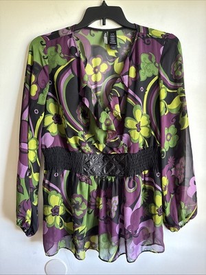 Bisou Bisou Top Blouse Y2K XL Multi Color Floral Long Sleeve V-Neck Ruffle