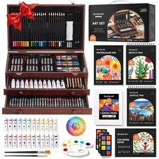 Gift Art Kit 202-Piece Wooden Art Set with 4 Drawing Pads Canvases for Kids