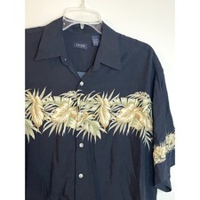 Vintage IZOD Hawaiian Shirt Mens Medium Black Rayon Leaves Beach Cruise EUC