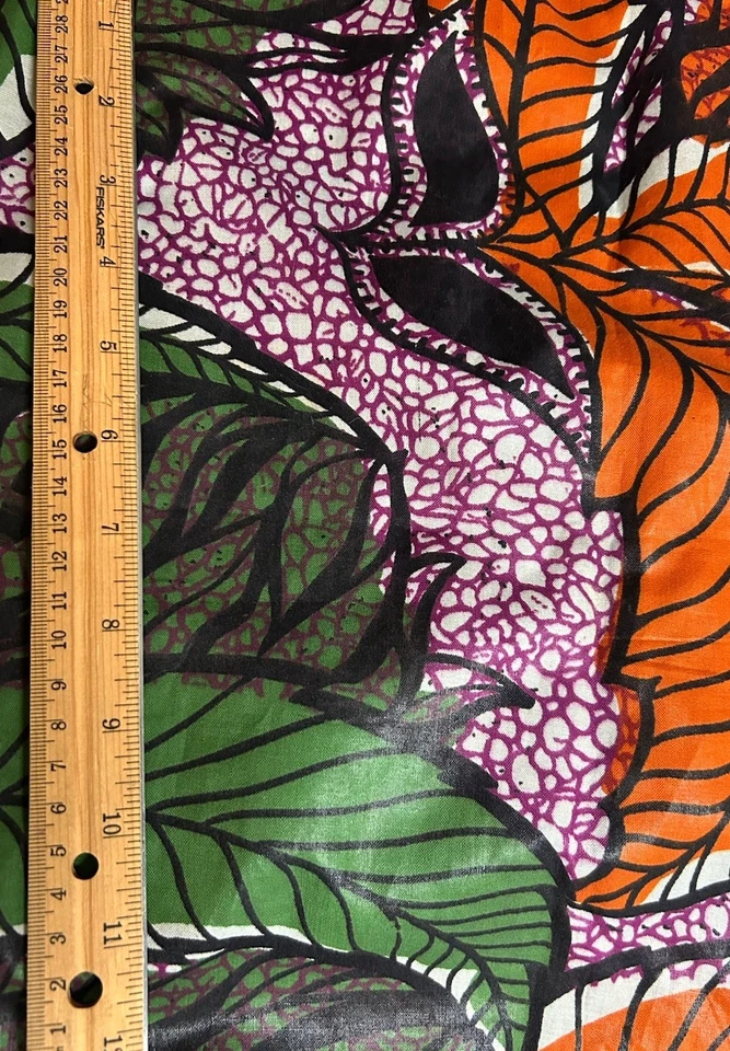 Vintage Fabric Cotton Wax African Print Floral Orange Purple Green 2 Yards - Image 3 of 4