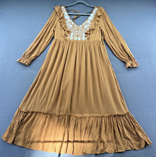 In Loom Maxi Dress Womens Medium Brown Gold Floral Embroidered Ruffled Boho