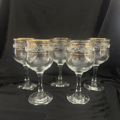 Circle Art of Glass Pasabahce Clear Gold Trim Etched from Turkey 5 Wine Glasses