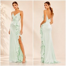 Mac Duggal Pistachio Green Satin Ruffled Maxi Dress 67815 Size 6 Sleeveless