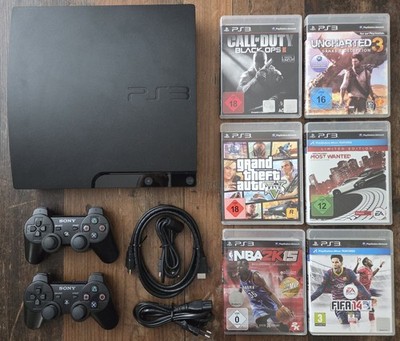 Sony PS3 Slim Charcoal Black - 160GB; 2xSony Controller; 6 Spiele; alle Kabel
