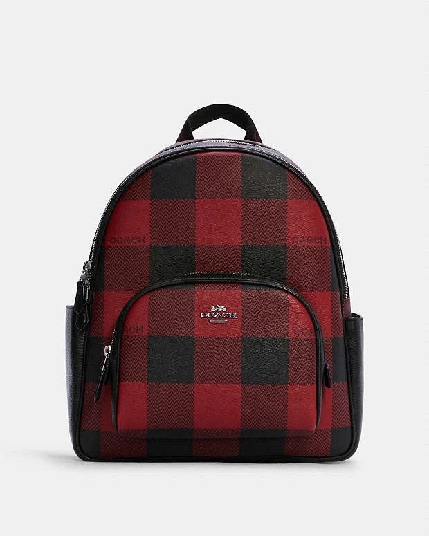Coach Court Buffalo Plaid Check Backpack Red/Black With Matching Card Case EUC - Image 4 of 4