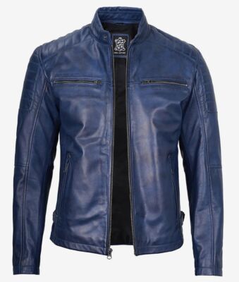 Men's New Stylish Moto Racer Biker Bomber Genuine Sheepskin Blue Leather Jacket