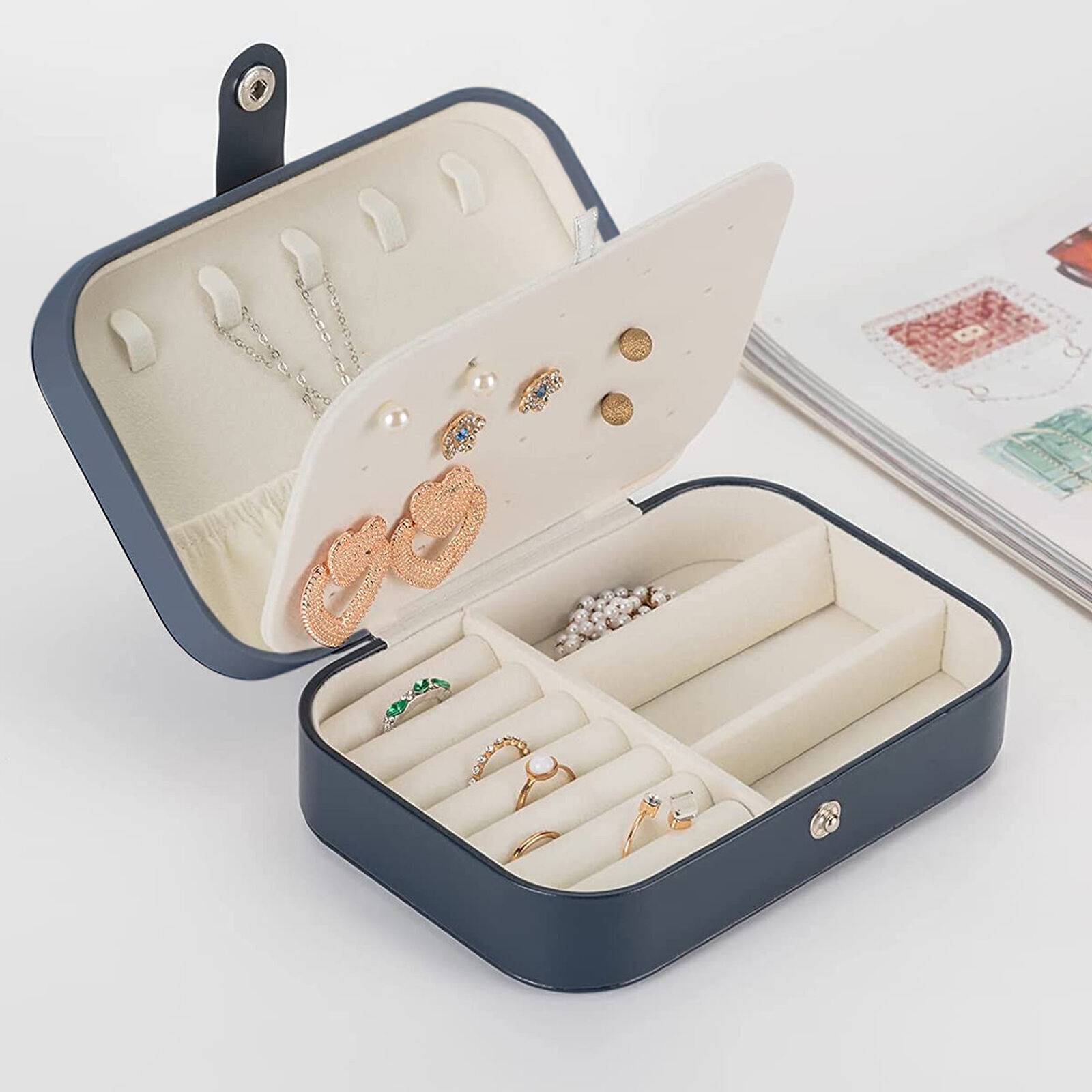 Portable PU Leather Jewelry Organizer 2-Layer Travel Box Large Capacity  