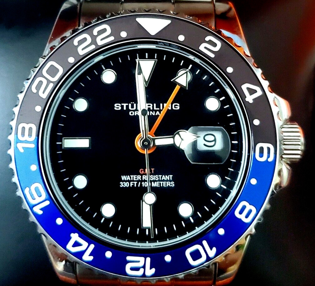 Rare Swiss Batman Stuhrling GMT Stainless Mens Diver Watch