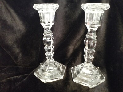 Pair Of Crystal Candlesticks 7''- 6 Sided Hexagon Shape - Candleholder