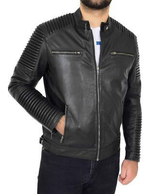 Herren weiche schwarze Leder Biker Jacke tailliert Stehkragen Steppnähte ́s
