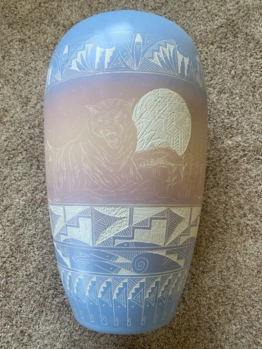 Vintage Native American Etched Art Pottery Vase Pastel Southwest 21 inches tall