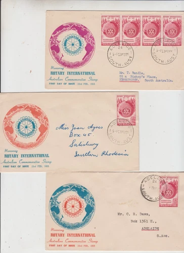 Stamp 1955 Australia 3&1/2d Rotary International 3 Wide world no date cachet FDC