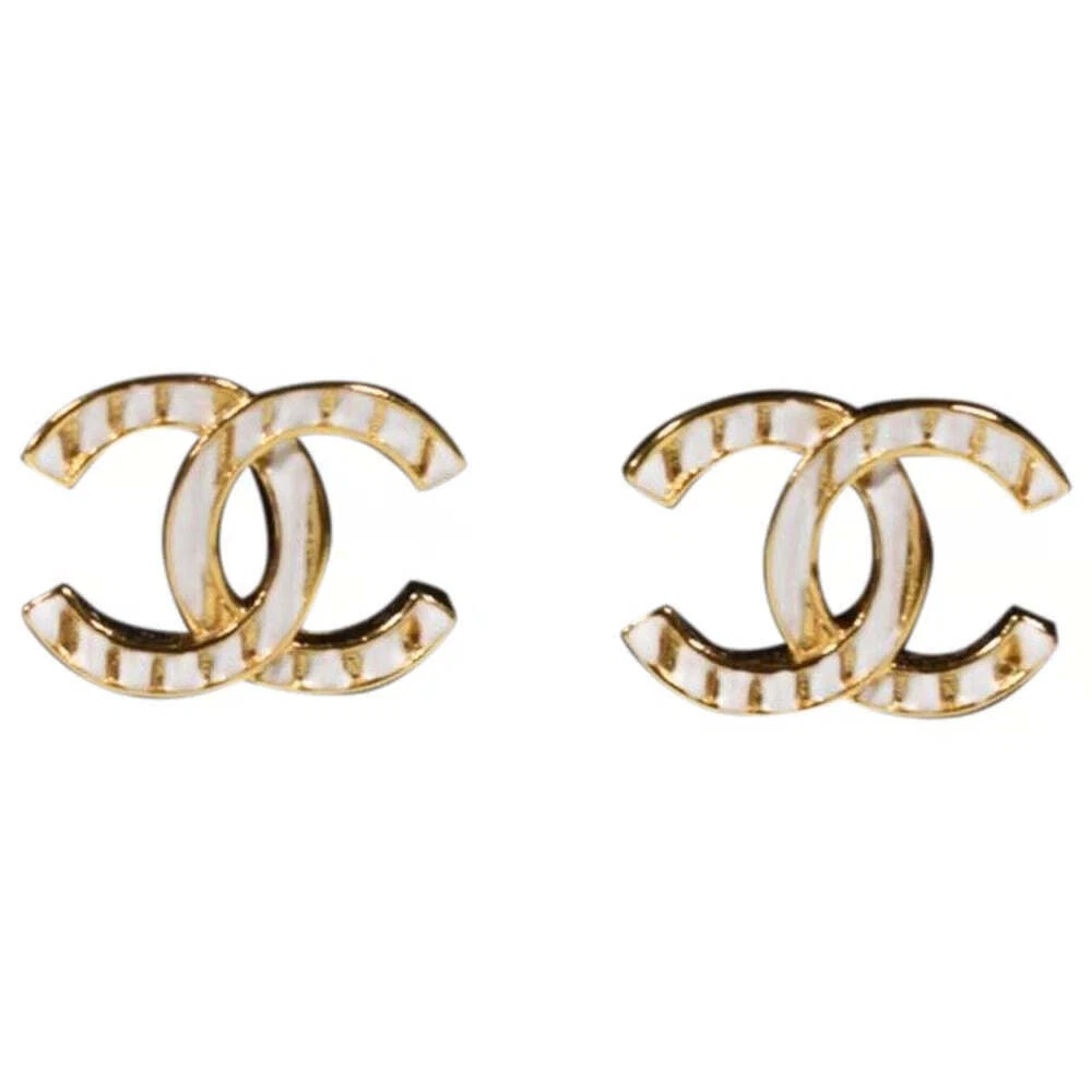 Chanel 23C Gold White Interlocking CC Logo Classic Drop Statement Stud  Earring