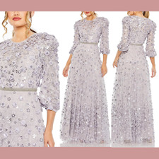 NEW $698 Mac Duggal [ 8 ] Floral Applique Puff Sleeve High Neck Gown 93805 #Q927