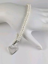 Sterling Silver 925 Heart Charm Cultured Pearl Bracelet 7.75"