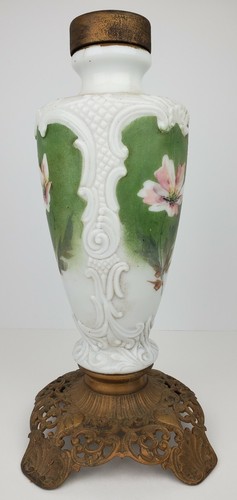 Antique Milk Glass Floral Parlor Banquet Lamp Ornate Cast Iron Base Salvaged 16" - Picture 6 of 9
