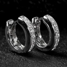 Mens One Row Iced Cz White Gold Plated Sterling Silver Hoop Huggie Earrings