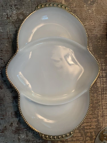 Anchor Hocking FIRE KING White Milk Glass Gold Trim Divided Relish Dish Vintage