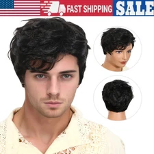 Mens Wig Male Short Straight Hair Fluffy Man-made Fiber Hair Hairpiece Wig Black