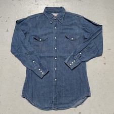 Vintage 1970s Wrangler Denim Snap Western Long Tails Ranch Shirt Made USA 15.5