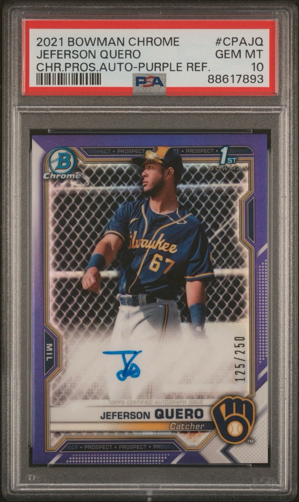 2021 Bowman Chrome Jeferson Quero Rookie Auto /250 Purple Refractor PSA 10