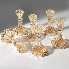 Gold Glass Candlestick Set of 6 Clear Crystal Glass Candle Holders Taper Hold...