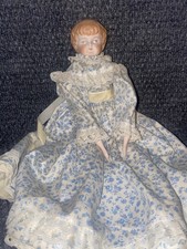 Vintage 15 China Head Doll Blue and White Gingham Dress