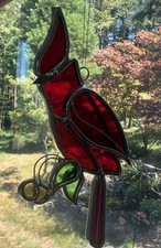 Stained Glass Red Cardinal with Leaves Sun Ca...