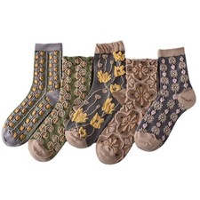 BOFAYS 5-Pair Floral Cute Vintage Embroidered Plant Socks for One Size, D