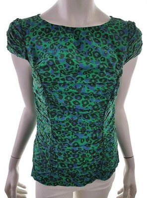 NEXT Damen Bluse Gr. 38 Grün Viskose 100% Kurzer Ärmel Leopardenmuster Runder