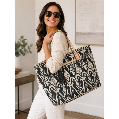 Stella & Dot Getaway Tote Bag Black Cream Ikat Pattern Red Trim Tassel Large