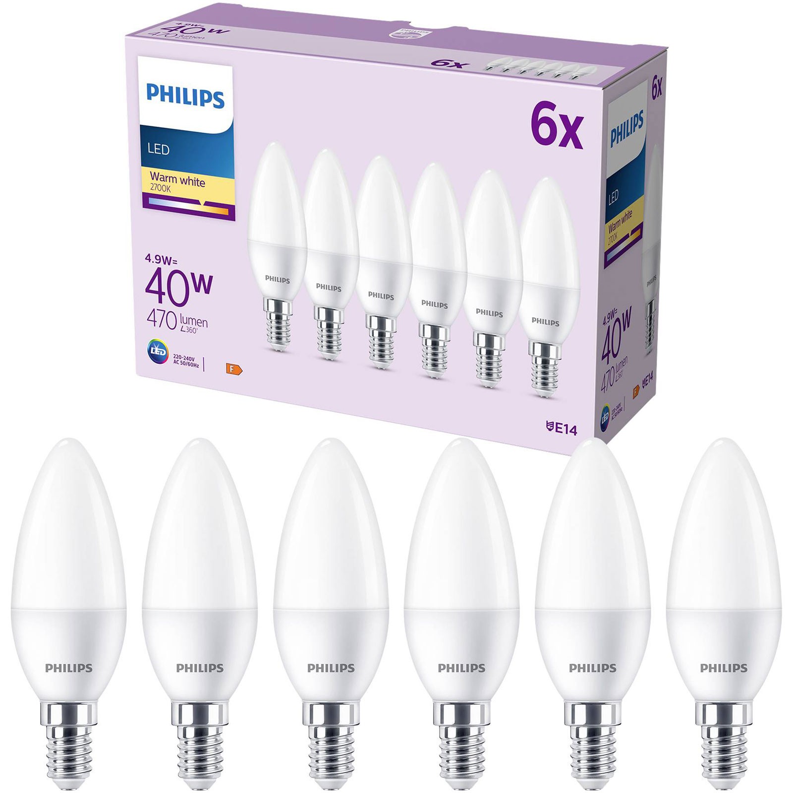 Philips LED Bulb, E14, 6 Pack | Warm White Ambiance Light, B35, 470lm, 40W, Edison Screw Design, 2700k, Bluetooth App Control, Smart Home - Image 2