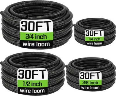 Wire Loom 1/4'', 3/8'', 1/2'', 3/4 Inch X 30 FT, Split Wire Loom Tubing Wire Condui
