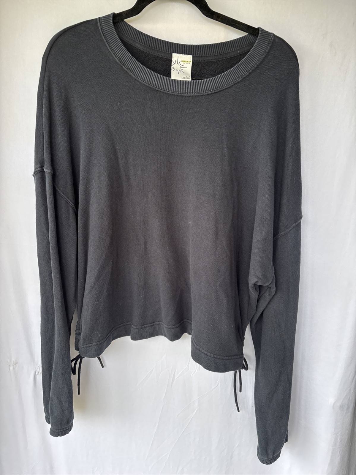 Aerie Women’s Oversized Crew Neck Sweatshirt Side Slit Pullover Large Black