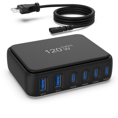Desktop Fast Charging Station, 120W GaN 6-Port Multi Port Charger with Indepe...