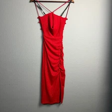 Red Ruched Glitter Spaghetti Strap Evening Gown XS Formal Sparkle Dress NYE Sexy