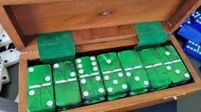Domino Double Six 6 Green Marbleized Pro Size with  Spinners - Wood Box
