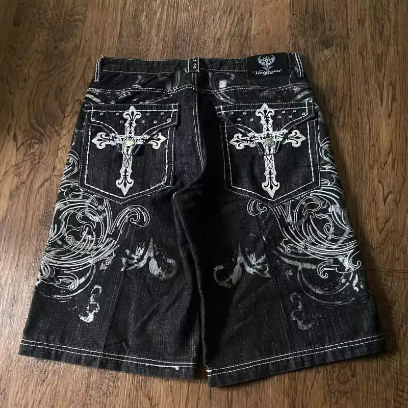 Grunge Denim Shorts Mens Y2K Emo Streetwear Baggy Graphic Jean Shorts S-XXL