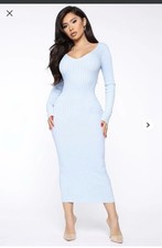 Light Blue Ribbed Knit Long Sleeve V-Neck Bodycon Midi Dress Women