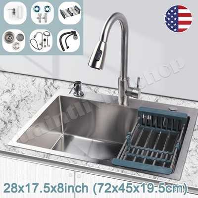 Large Kitchen Sink 304 Stainless Steel Single Bowl Drop In Top Mount Faucet