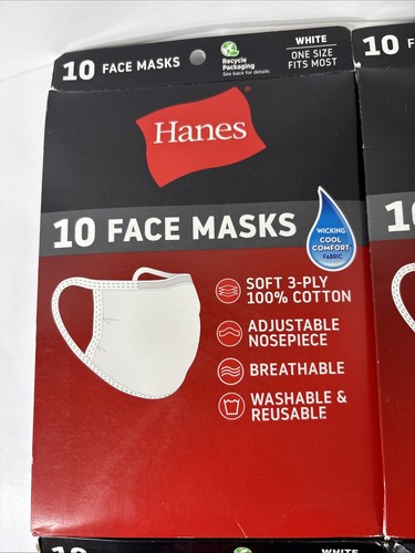4x10 Pack Hanes Face Masks White Cotton Cooling Reusable Cover Cloth Facemask FS - Picture 7 of 18
