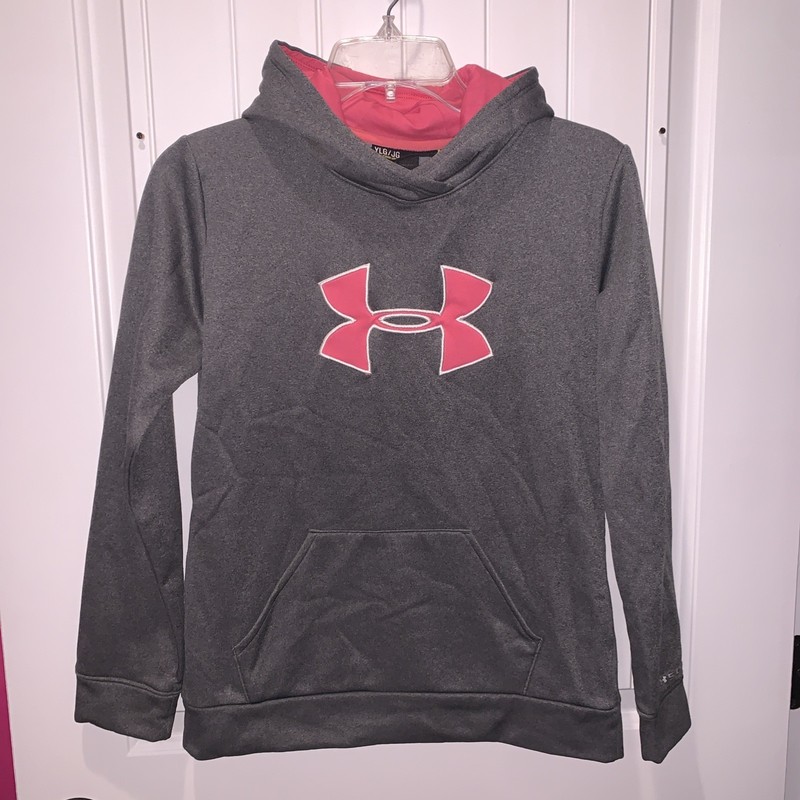 Girls Youth Large Under Armour Pink and gray Hooded Pullover Sweatshirt EUC