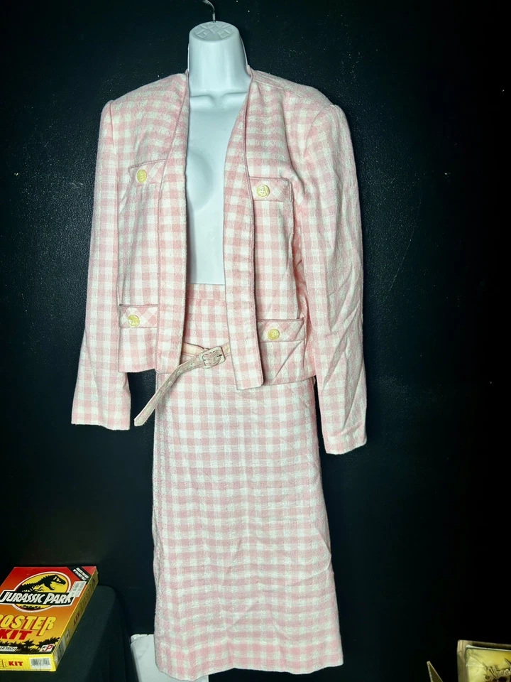 Conjunto de blazer y falda vintage para mujer rosa y blanco a cuadros negocios conjunto informal  Foto 2 de 4