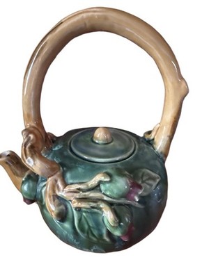 Majolica Pottery Teapot Arts & Crafts Decor Green Leaves Calla 9.5  H Unsigned